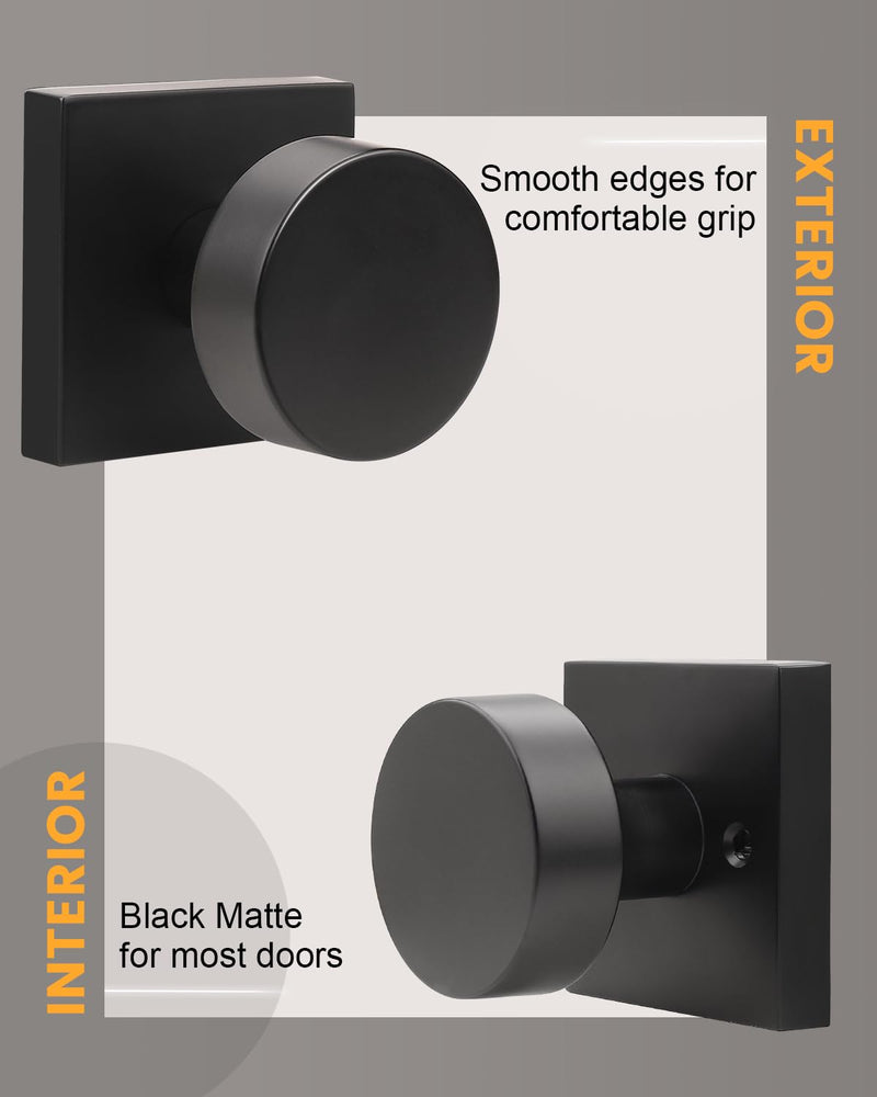 Gobrico Matte Black Passage Door Knobs with Square Rosette(2 Pack), Heavy Duty Closet Door Handles Without Lock, Door Knob Sets for Hallways Passage (Without Locking) 2