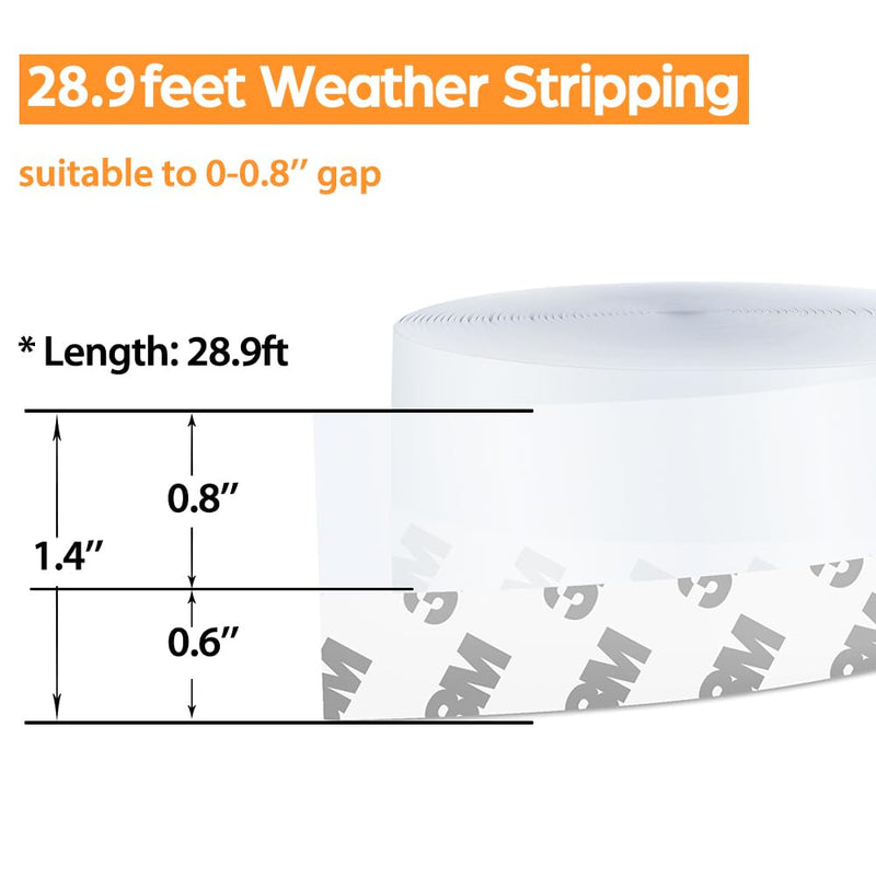 28.9 Ft Door Weather Stripping Door Seal Strip,Silicone Door Draft Stopper,Self Adhesive Shower Door Bottom Seal and Door Insulation Strip for Door Frame Windows and Glass Gaps (Transparent, 35mm) 28.9FT,35MM