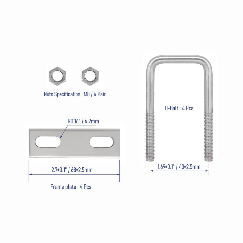4 Sets 304 Stainless Steel Square U-Bolts 1-3/8"(35mm) Inner Width, 3.35"(85mm) Length Stainless M8 with Nuts, Frame Plate, Accessories for Automobiles Trailer, Boat Trailer Industrial Parts 35×85mm (W*L)