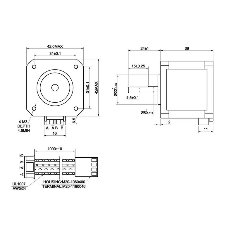 STEPPERONLINE Nema 17 Stepper Motor 1.5A 63.74oz.in 39mm Body with 1m Cable and Connector for DIY CNC/ 3D Printer