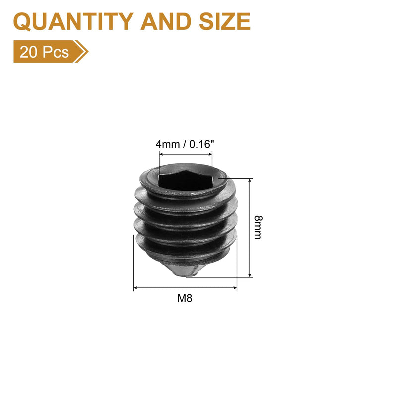 uxcell 20Pcs Set Screws M8x8mm Carbon Steel Cone Point Hex Socket Grub Screws for Machinery, Home Repairs, and Fixtures Black 20