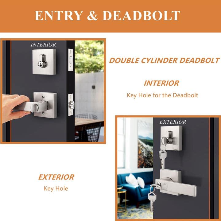 Probrico Square Entrance Lever with Double Cylinder Deadbolt Set Keyed Alike Combo Pack(for Office and Front Door), Heavy Duty Satin Nickel Entry Door Lockset for Right and Left Side, 1 Pack Brushed Nickel