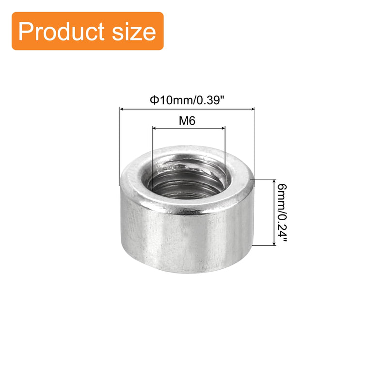 uxcell 20Pcs Round Weld Nuts, M6x6x10mm Long Weld on Bung Female Nut Threaded - 304 Stainless Steel Round Connector Nuts Sleeve Rod Bar Stud, Silver 20