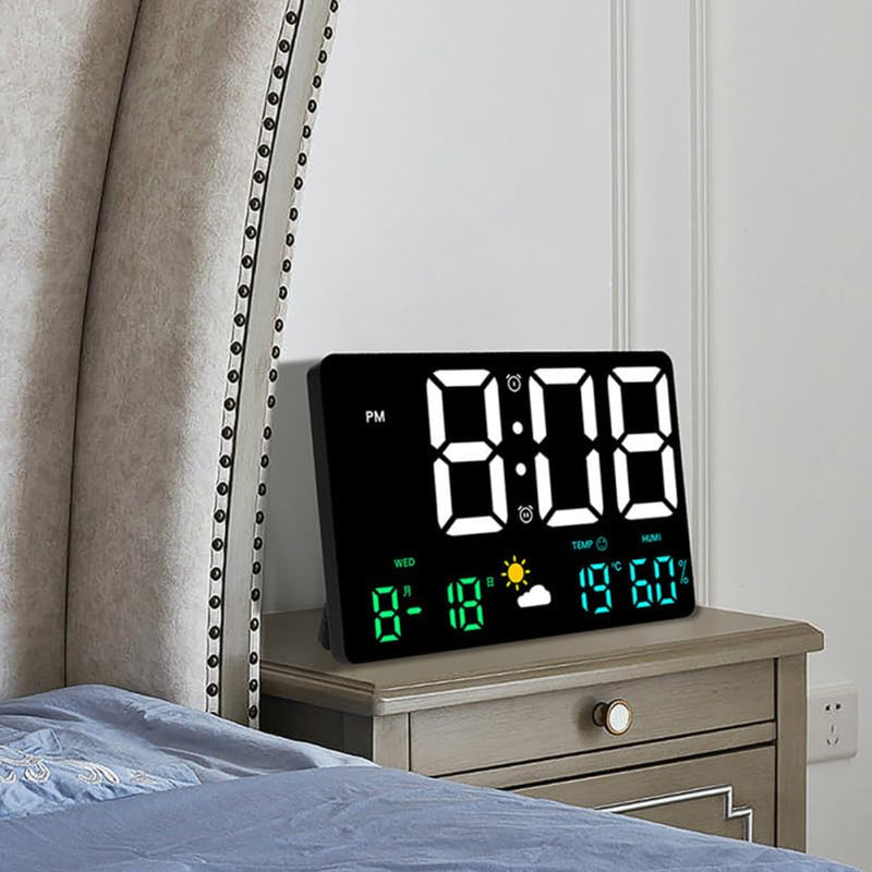 Large Digital Wall Clock with Temperature and Humidity Sensor Colorful Led Weather Forecast Alarm Calendar Timer for Home and Office Use 9.7X6.2 Inch