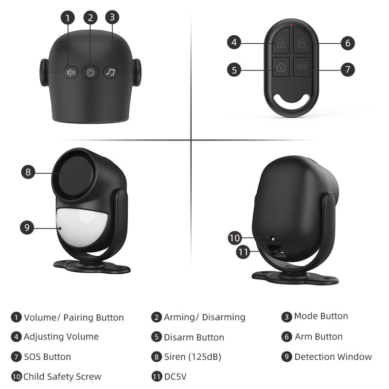 125dB Loud Motion Sensor Alarm with 328ft Remote Control(40ft PIR Detector, 3*AA Batteries), Indoor Wireless Infrared Security Motion Detector with Siren for Home/Shed/Garage (Black) Black
