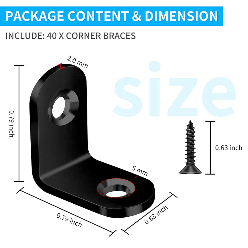 40PCS L Bracket Corner Brace, Metal Black Corner Bracket, Stainless Steel Joint Right Angle Bracket Fastener for Wood Chair Bookshelf Furniture Cabinet with 80PCS Screws (20mmx20mm) 20 mm