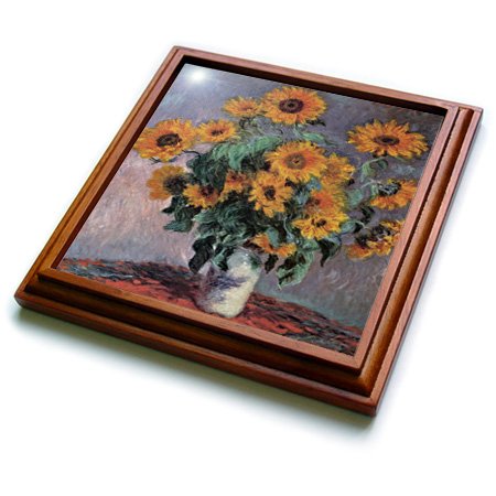 3dRose Sunflowers by Claude Monet Impressionist Still Life Trivet with Ceramic Tile, 8 by 8", Brown