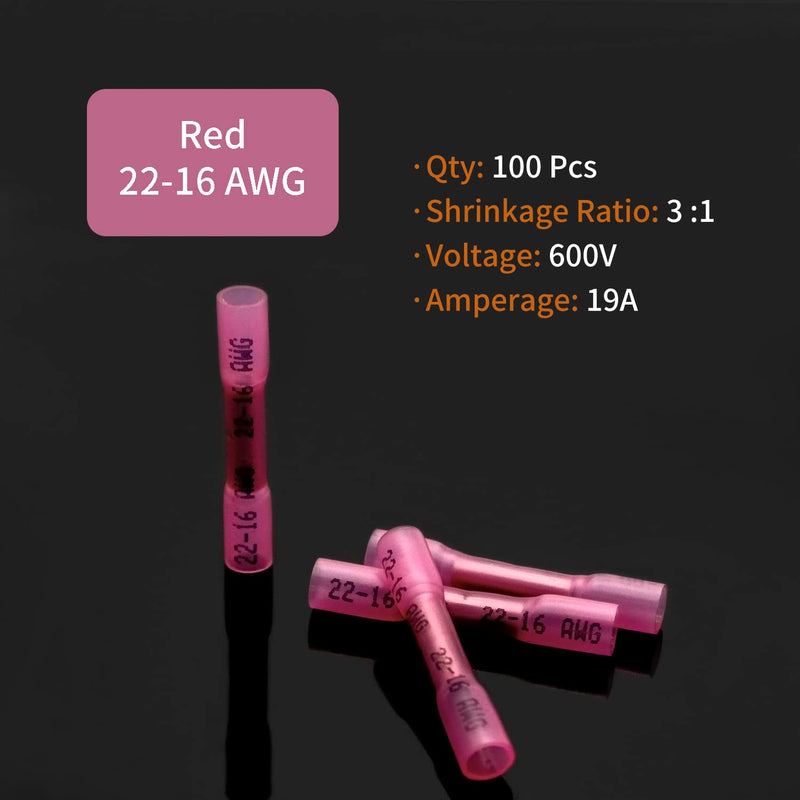 22-16 AWG Heat Shrink Butt Connectors - 100Pcs Red Crimp Waterproof Electrical Cable Wire Connector Speaker Automotive Marine Grade Wire Crimp Terminals Insulated Butt Splices AWG 22-16 - NewNest Australia