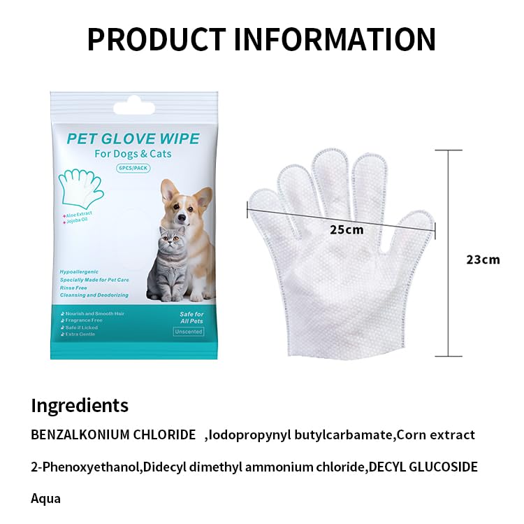 Pet Glove Wipe, Cleaning Glove for Dog and Cat, Fur Face, Ear, Eye, Paws Cleaning Wipes, Pet Wash Free Gloves, Cleaning Grooming Wipes for Daily Care and Traveling, No Rinse, Gentle, Thickened, 6PCS - PawsPlanet Australia
