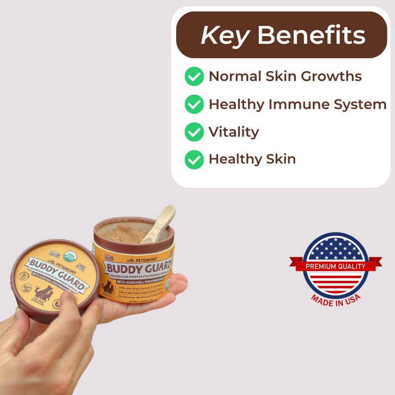 Petsmont Buddy Guard for Lumps and Bumps, Lipoma for Dogs & Cats, Patent Pending Organic 8 Mushroom Powder Blend Natural Dog Probiotic & Immune Support Chaga, Reishi, Lion's Mane, Turkey Tail Mushroom
