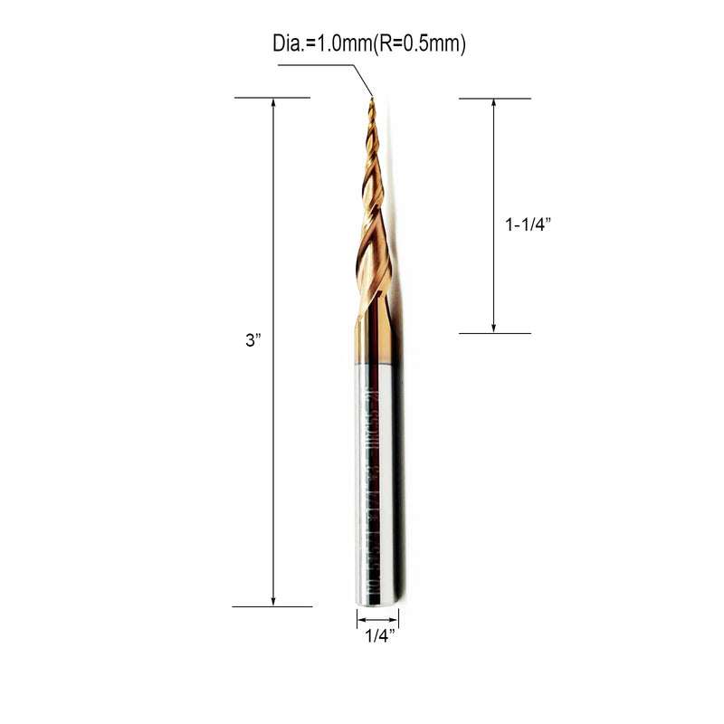 2Pcs Tapered Ball Nose End Mill - 1/4" Shank, 3" Overall Length, 0.5mm Tip Radius (R0.5), 4.82° Per Side Angle - Precision CNC Tool for Hard Metals, Wood & Plastic (Professional & DIY Use) R=0.5mm 2