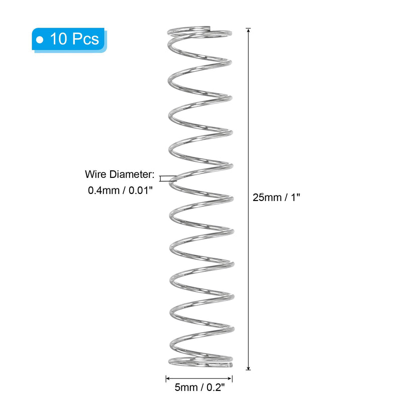 PATIKIL Compression Spring, 0.4mm Wire Dia x 5mm OD x 25mm L, 10 Pcs 304 Stainless Steel Mechanical Extension Small Springs Pen Springs Assortment Kit for Shop and Home Repairs 0.4x5x25mm