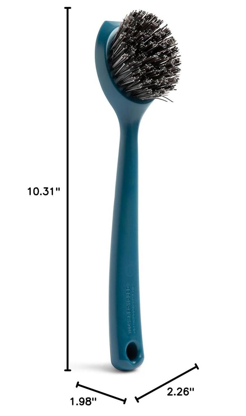 Full Circle Clean Ocean Heavy Duty Dish Brush, Cast Iron Brush with Handle, Tough Bristles, Ergonomic Grip, Long Handle, Built-in Scraper. Made Out of 100% Recycled Fishing Nets. Dishwasher Safe Heavy-Duty Dish Brush Teal