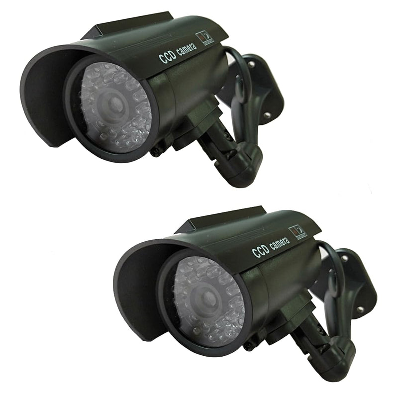 Solar Powered Dummy Fake Security Camera Bullet CCTV Surveillance with Simulated LED Realistic Red Flashing Light and Security Warning Sticker Decal Indoor Outdoor, 2 Pack