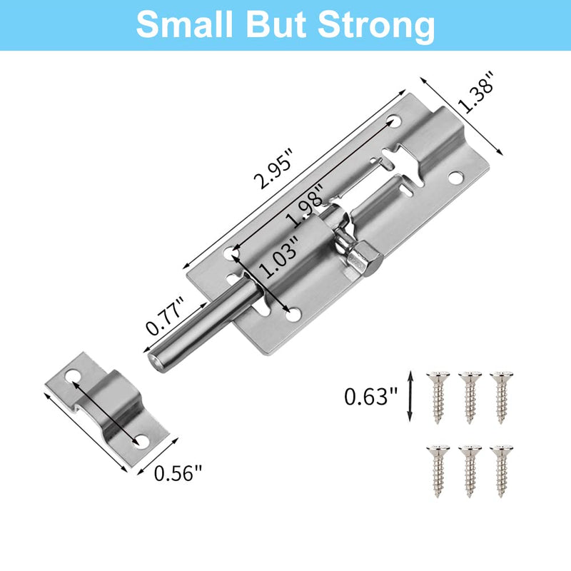 2 Pack Barrel Bolt Latch, Slide Bolt Latch 3 Inches Slide Latch Lock, Thickened Stainless Steel Sliding Lock for Door, Brushed Finish Sliding Bolt Lock, Sliding Bolt Latch with 12PCS Screws 2