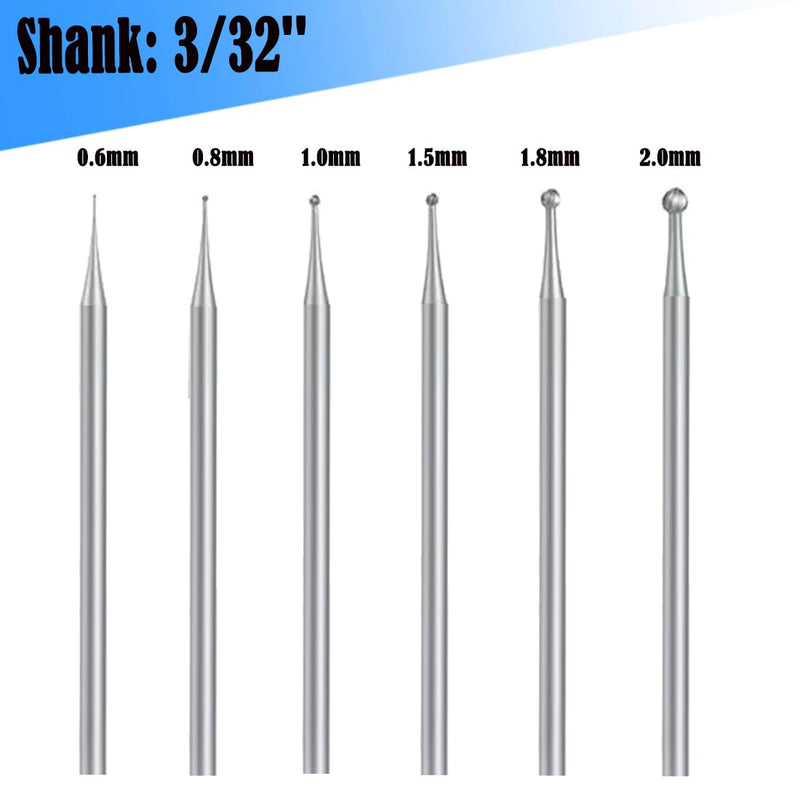 𝐋𝐮𝐨 𝐤𝐞 6 Pcs Round Ball Burr - 3/32'' Shank Sphere Shape Jewelry Setting Ball Burs for Lapidary Making 006-020
