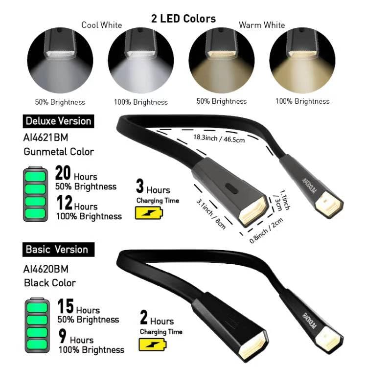 Silver LED Neck Rechargeable Reading Light, Multifuntion Book Light for Reading in Bed and Camping, 4 Brightness Levels, Bendable Arms, Super Soft Materials Made Comfort & Lightweight Silver