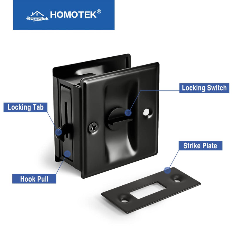 HOMOTEK Privacy Sliding Door Lock with Pull - Replace Old Or Damaged Pocket Locks Hardware Quickly and Easily, 2-3/4”x2-1/2”, for 1-3/8” Thickness Door, Black 1 Pack