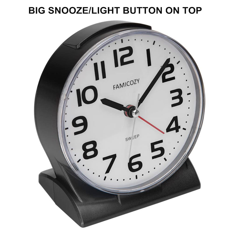 FAMICOZY 4.5" No Ticking Analog Alarm Clock,Silent Readable for Seniors,Easy to Set,Gradual Rise Alarm,Big Numbers,On/Off Switch on Side,Gentle Wake,Snooze Soft Backlight,Battery Operated,Black Black
