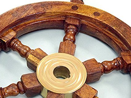 Captain’s Wooden Ship Wheel 12” – Handcrafted Wheel with Brass Ring & Hub, Nautical Wall Décor,Pirate and Beach-Themed Home or Office