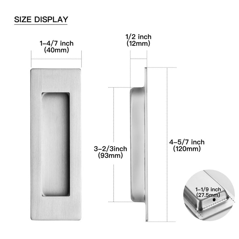 Ravinte 4 Pack Brushed Nickel Sliding Closet Door Handles Silver Flush Pulls 4.72in Length Recessed Finger Pulls for Sliding Barn Door Sqaure Cabinet Pulls Stainless Steel 120mm