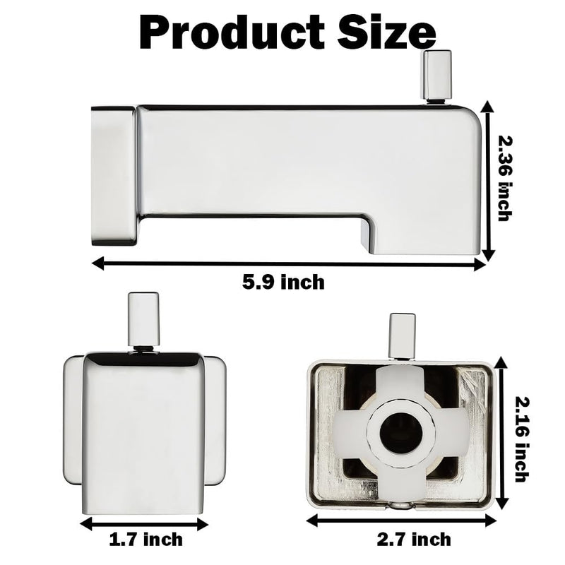 Kedra Bathtub Spout with Diverter, 5.9 Inch Slip-On Diverter Tub Spout, Replacement Bath Tub Faucet for 1/2" Copper Water Tube, Polished Chrome