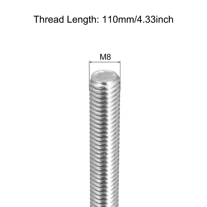 MECCANIXITY Fully Threaded Rod M8 x 110mm 1.25mm Thread Pitch 304 Stainless Steel Right Hand Threaded Rods Bar Studs 4 Pack