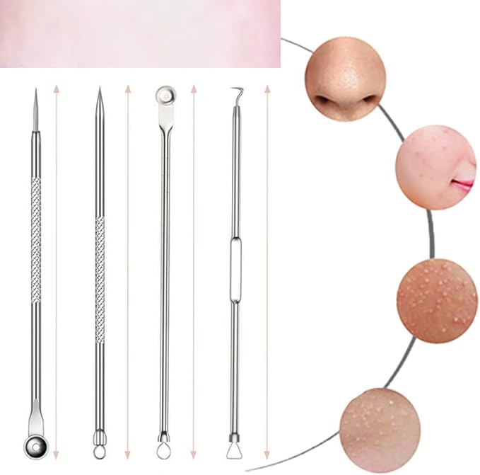 Acne Needle Set, Set of 4, Dedicated Pore Care Kit, Acne Removal, Blackhead Removal, Square Plug Pusher, Antibacterial Stainless Steel, Beauty Tool, Storage Case Included, Portable Convenient (Silver) - NewNest Australia