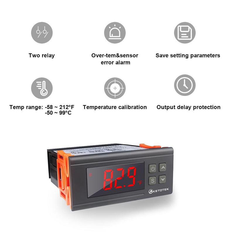 KETOTEK Digital Temperature Controller Fahrenheit &Centigrade Thermostat 120V 16A Relay with Sensor, Heating and Cooling for Homebrew Incubator Greenhouse Output: 16A