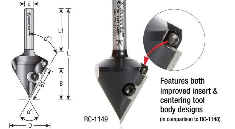Amana Tool RC-1147 V Groove Router Bit CNC Insert 60 Deg x 21/64 x 1/4 Inch Shank, Miter Fold Blade, Signmaking and Lettering