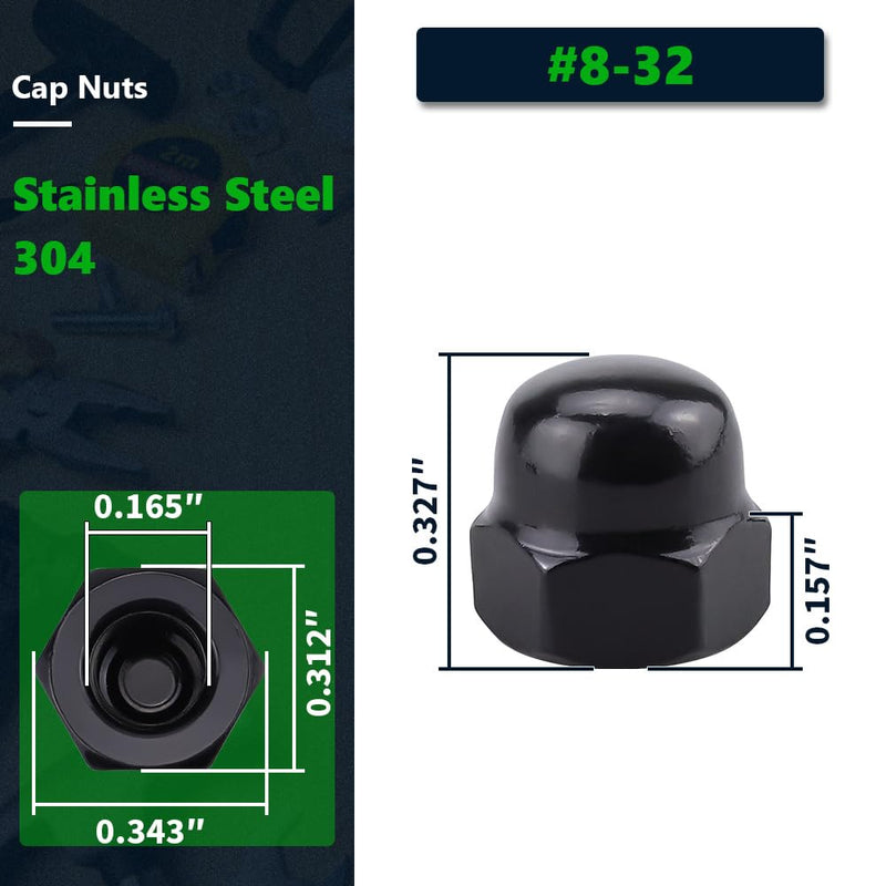#8-32 (50 Pack) Stainless Steel Cap Nuts, Acorn Cap Dome Head Nuts US Standard, Stainless Steel 304 (18-8), UNC Coarse Thread, Black Coated #8-32 50
