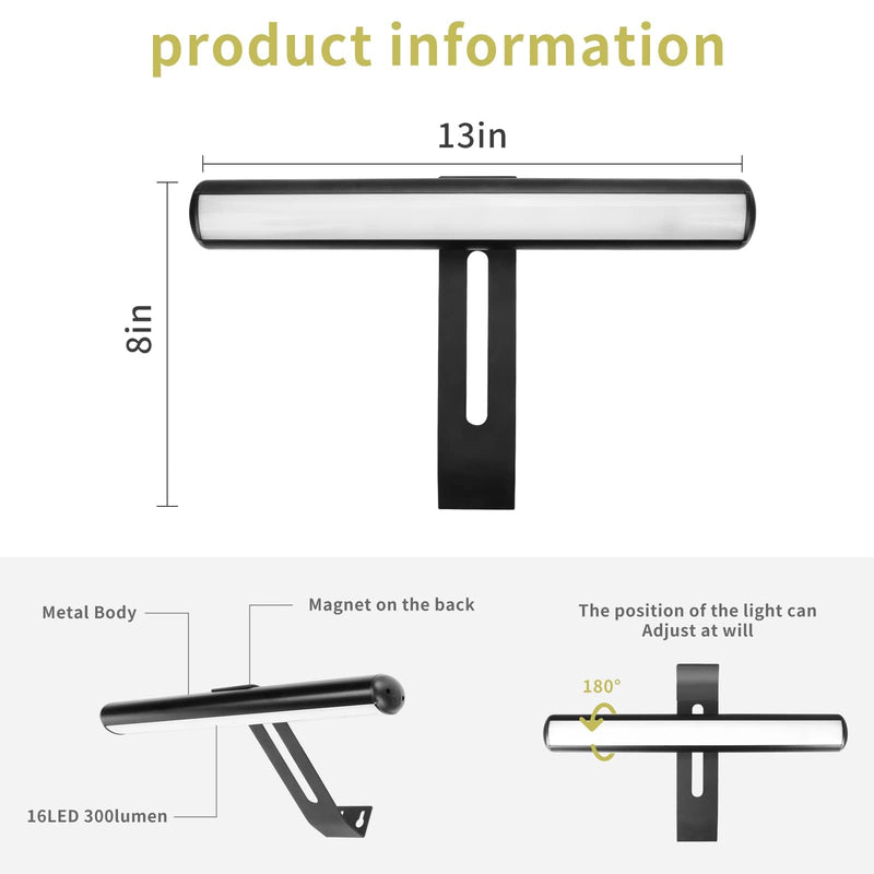 Picture Light Battery Operated, Picture Lights for Wall, Wireless Picture Light with 2 Remotes, Picture Light for Paintings, 16 LED, 3Modes, 300LM Dimmable Light with Timer for Art Black-13"