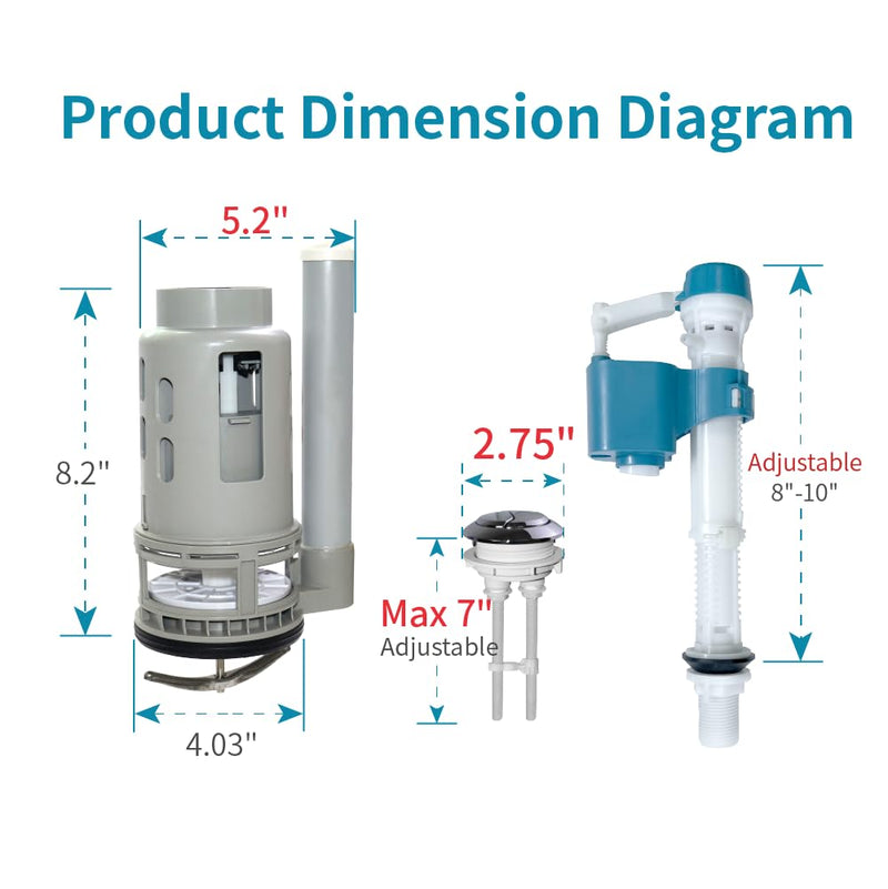 3-Inch Dual Flush Valve Replacement Kit for One Piece Toilet: Include 8" Height Flush Valve, 2.2" Threaded Button, Fill Valve. Fits Tanks 10-13.5" Tall, Drain Holes 3.2-3.6" 3-Inch Drain Outlet