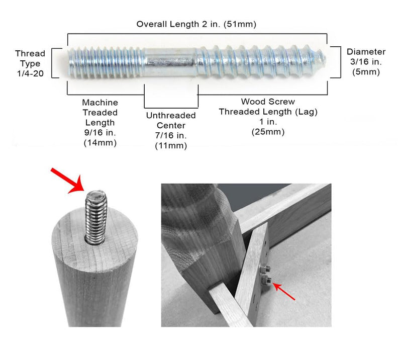Baltimore Hardware Hanger Bolts, 1/4-20 x 2, High-Strength Zinc-Coated Steel with Partial Thread for Secure Wood-to-Metal Connections, Corrosion-Resistant - 100 Pack for Large Projects 1/4-20 x 2" Zinc