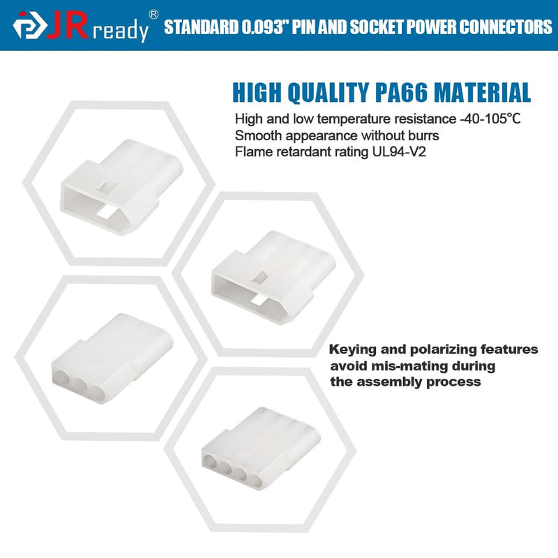 JRready ST6417 Standard.093" Pin and Socket Power Connectors 4 Circuits (6 Matched Sets),14-20 AWG，Compatible with Molex Standard.093" 4 Pin Male& Female Connector, 5.03 mm Pitch, Free Hanging