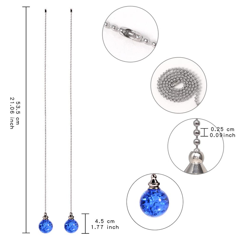 2PCS Blue Pull Chain Crystal Glass Ice Cracked Ball Pull Chain for Ceiling Fan Light Decoration 50cm Extension Chain