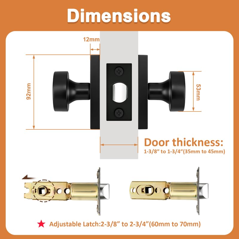 Probrico Black Door Knob Interior, Closet Door Knob Square Rose, Passage Door Handle, 1 Pack