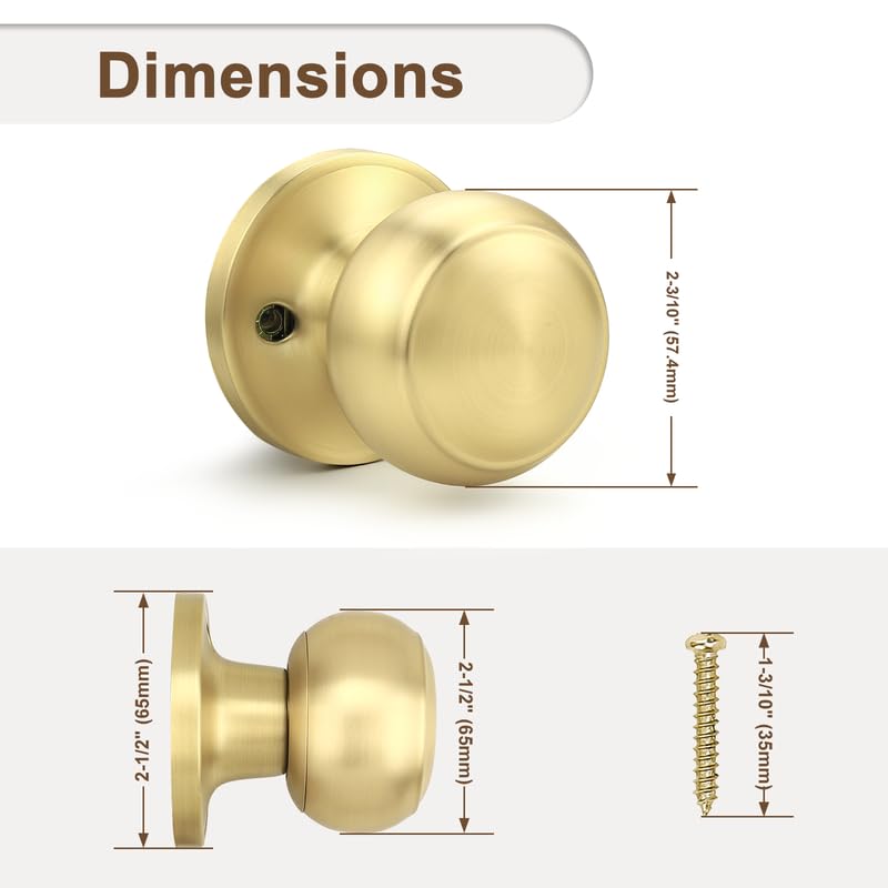 Probrico Brushed Brass Dummy Door Knobs Interior, Gold Dummy Door Handles, Half Dummy Door Knobs for Closet/Hall, 4 Pack