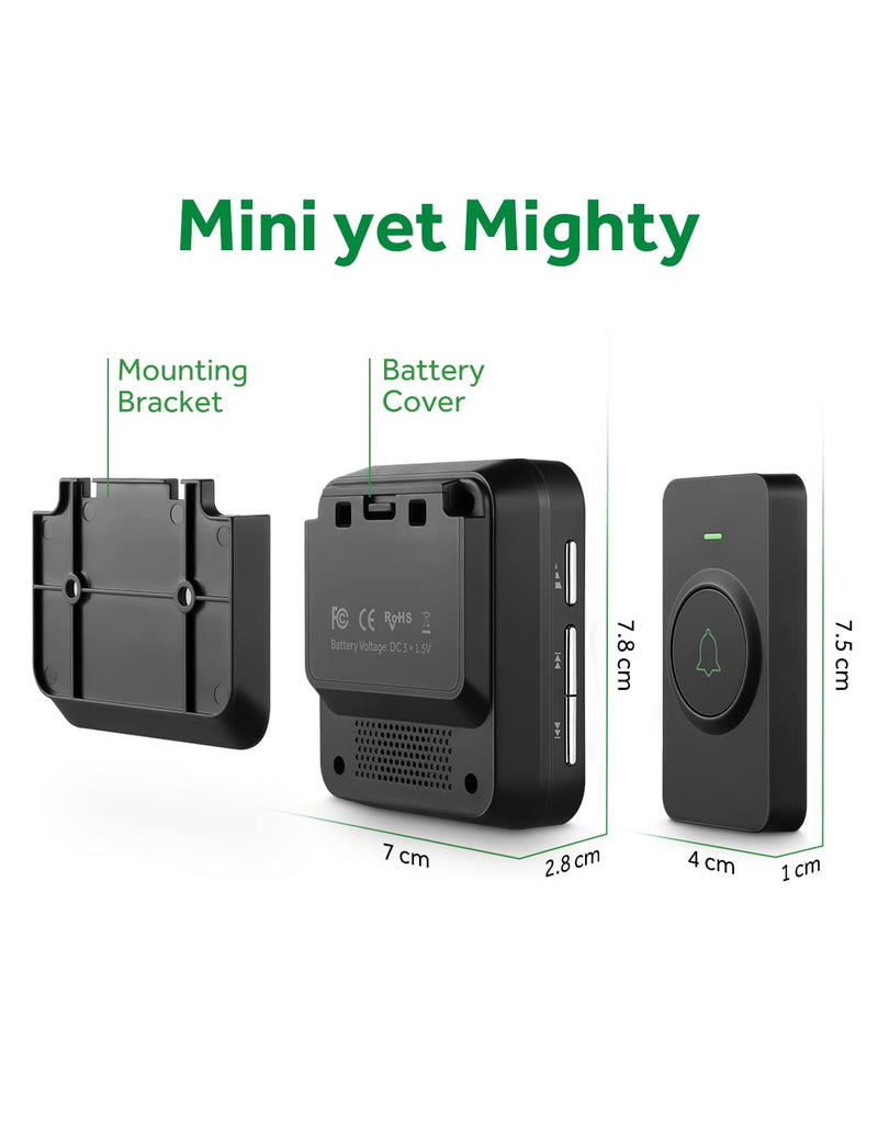 AVANTEK Wireless Door Bell, BA-11 Waterproof Battery Operated Doorbell Chime Operating at 1000 Feet, Portable Door Chime kit with 52 Melodies, 5 Volume Levels, and CD Quality Sound Black