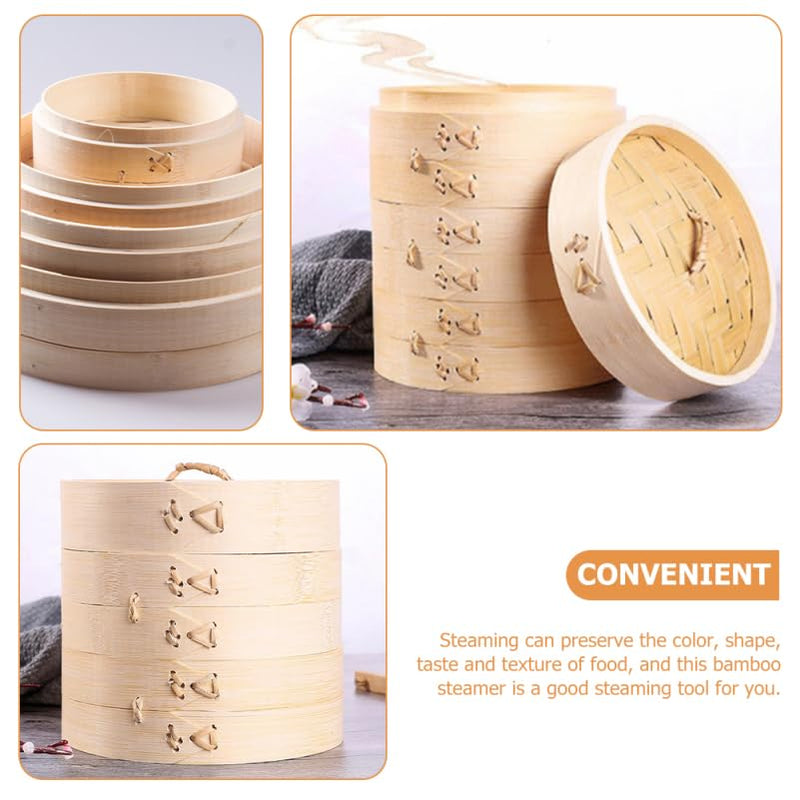 OUNONA Bamboo Steamer with Lid 5.11 Inch Round Kitchen Food Steamer Basket for Cooking Dim Sum Seafood Vegetables and Dumplings Natural Material Steaming Tool for Home Use 13X13X9.8CM