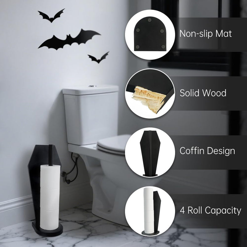 Gothic Coffin Toilet Paper Holder Stand - Free Standing Matte Black Bathroom Storage, Solid Wooden with 5 Anti-Slip Pads, Spooky Dark Aesthetic Bathroom Decor