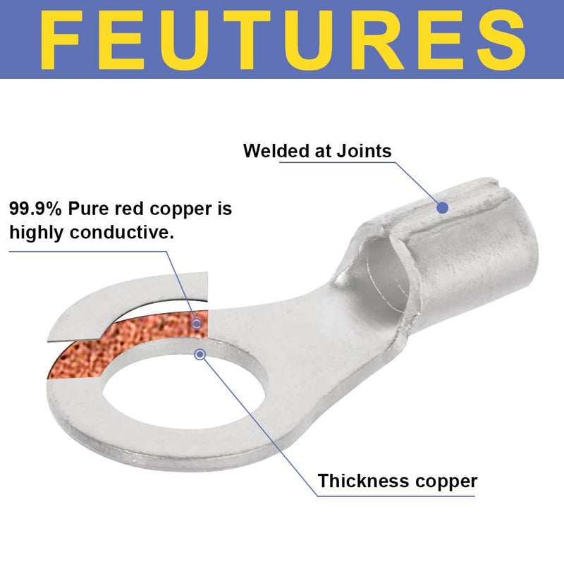 haisstronica 100pcs #10 Ring Terminals,AWG 16-14 Brazed Seam Non-Insulated Copper Wire Connectors AWG16-14 #10 Ring 100pcs