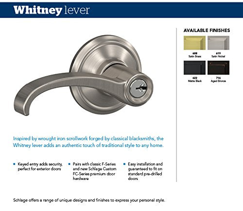 SCHLAGE F51A WIT 622 COL Whitney Lever with Collins Trim Keyed Entry Lock, Matte Black