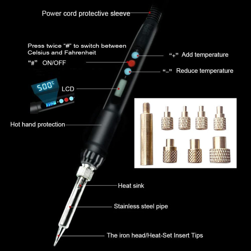 Heat Set Insert Press with Soldering Iron and M2-M8 Tips for Threaded Inserts Plastic and 3D Printing Components(LM Shaft)