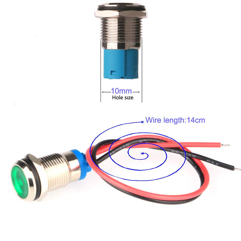 5pcs 10mm AC/DC 12-24V LED Metal Indicator Light Waterproof Signal Lamp Pilot Dash Directional Car Truck Boat with Wire Multicolored AC/DC 12-24V