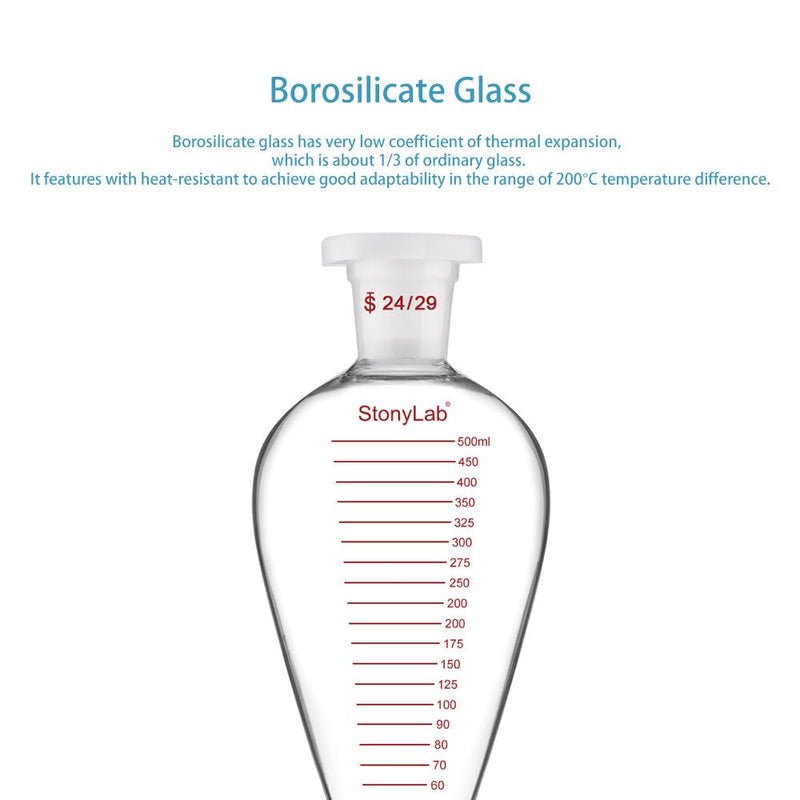stonylab Graduated Separatory Funnel, Heavy Wall Pear-Shaped Conical Borosilicate Glass Separating Funnel with PTFE Stopcock and Plastic Top Stopper, 500 ml 500.0 milliliters 1 KD-Sep-Funnel-SL-PTFE-500ml