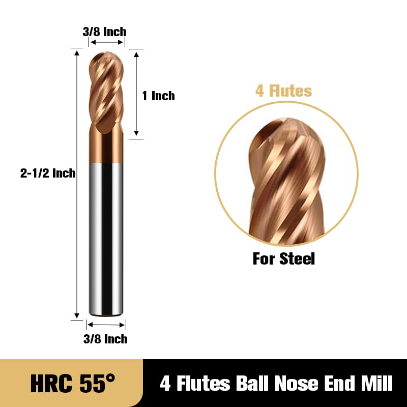 3/8" Carbide Ball Nose end Mill Bits - 3/8" Shank Dia,2-1/2'' Oal - 4 Flutes TISIN Coated - for Alloy Steels, Hardened Steels 3/8 in 1