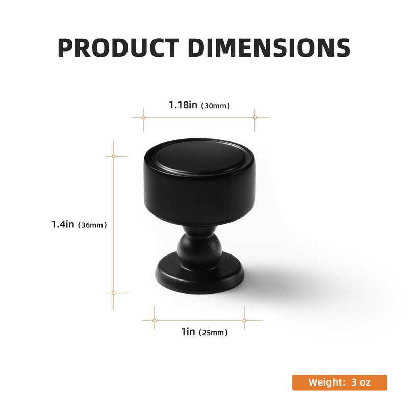 6 Pack Matte Black Cabinet Knobs, Single Hole Round Drawer Handle | Solid Zinc Alloy Drawer Pulls & Door Handles, Kitchen Pulls Modern Cabinet Hardware for Dresser Drawers
