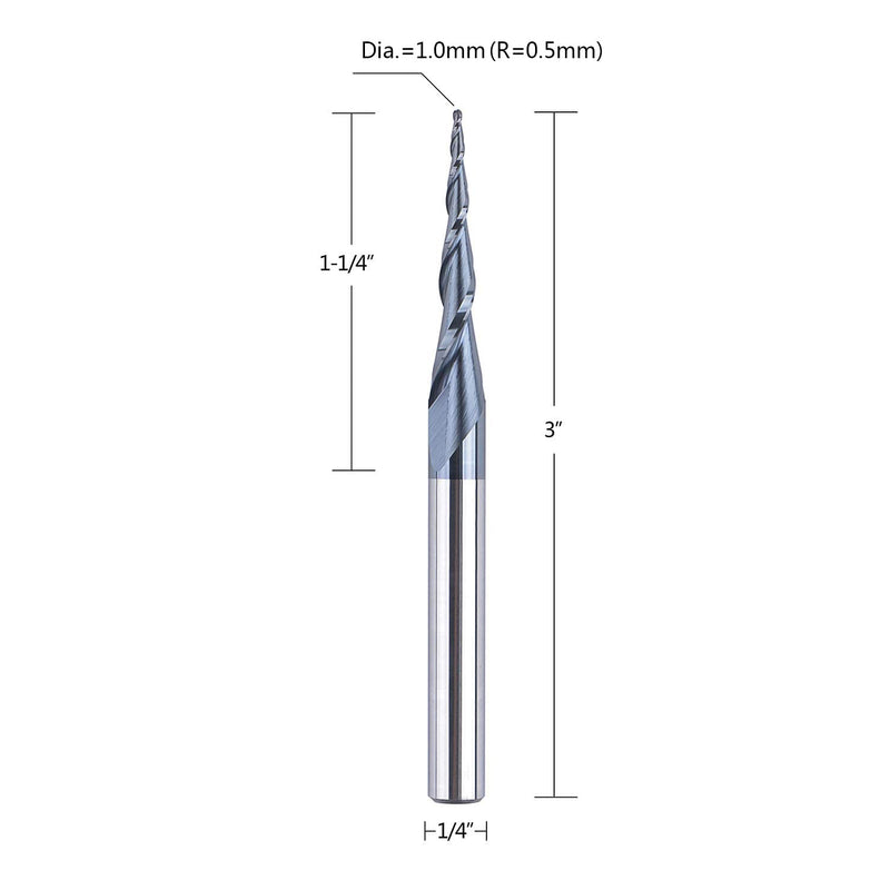 SpeTool Tapered Ball Nose Spiral Router Bit 1.0mm Tip Diameter (0.5mm Radius) 4.82 Deg for CNC Milling Engraver Carving Bits D=1.0MM