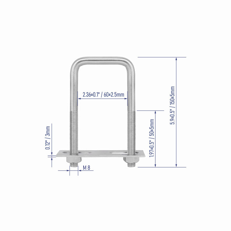 304 Stainless Steel Square U-Bolts 2-3/8"(60mm) Inner Width, 6"(150mm) Length Stainless M10 with Nuts, Frame Plate, Accessories for Automobiles Trailer, Boat Trailer Industrial Parts 60×150mm (W*L)